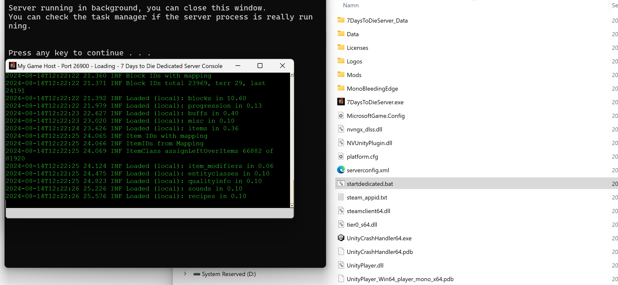 The user is starting the server by double-clicking startdedicated.bat and waiting for the server to fully start.